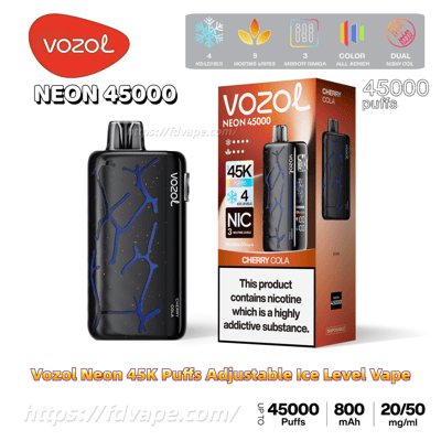 Vozol Neon 45000 product image showing a glossy black disposable vape with electric blue crack pattern beside its Cherry Cola box featuring a 45K puffs claim, adjustable ice level icons, nicotine strength indicators and a nicotine addiction warning.