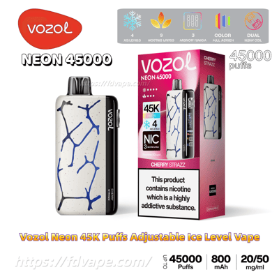 Product shot of a white Vozol Neon 45000 disposable vape with blue crackle pattern shown next to its pink Cherry Strazz box that highlights 45,000 puffs, adjustable ice levels, nicotine strength indicators, and a nicotine addiction warning.