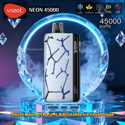 Vozol Neon 45000 disposable vape device with a white cracked-ice pattern and black side, centered in a glowing blue neon ring with crystal accents and smoke, accompanied by on-image text showing 45,000 puffs and product specifications.