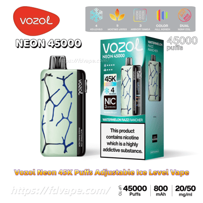 Vozol Neon 45000 disposable vape and its retail box: mint-green device with dark-blue vein-like pattern and black side panel labeled 'Vozol,' and packaging marked 'Watermelon Razz Rancher' and '45K puffs' with a nicotine warning and icons indicating adjustable ice levels, 800 mAh battery and nicotine strength.