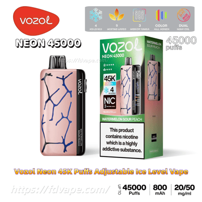 Promotional image of a pink Vozol Neon 45000 disposable vape with blue crackle pattern next to its green boxed packaging labeled Watermelon Sour Peach, advertising 45,000 puffs, adjustable ice levels and nicotine content.