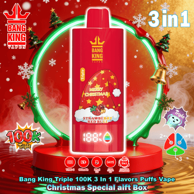 A red Bang King disposable vape with a 'Merry Christmas' strawberry Red Bull label and digital indicator, centered in a glowing green wreath on a red holiday background with snowflakes, bells, small Christmas trees and promotional '3 in 1' and '100K' branding.