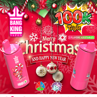 Anuncio navideño de color rojo brillante que muestra dos dispositivos de vapeo desechables Bang King de color rosa entre ramas de pino y adornos navideños colgantes, con un texto grande que dice 'Feliz Navidad y Próspero Año Nuevo', una colorida insignia '100K Triple' y una etiqueta de '3 sabores ajustables'.