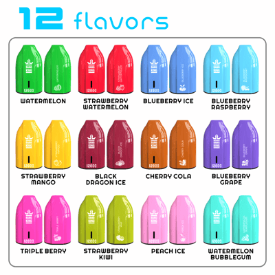 Tabla de productos estilo cuadrícula titulada '12 sabores' que muestra doce dispositivos vapeadores desechables Bang King codificados por colores con etiquetas de sabores: Sandía; Fresa Sandía; Arándano Ice; Arándano Frambuesa; Fresa Mango; Black Dragon Ice; Cereza Cola; Arándano Uva; Triple Berry; Fresa Kiwi; .