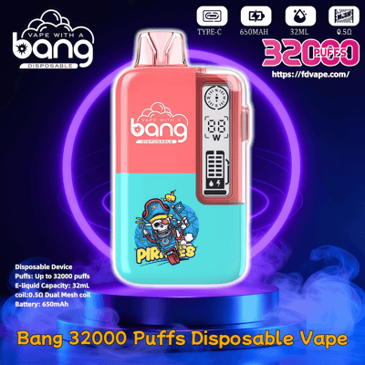 Two-tone coral and teal Bang disposable vape with a pirate skull graphic, right-side digital display and mouthpiece, shown on a glowing purple ring and smoky background with prominent 32000-puffs branding and product spec icons.