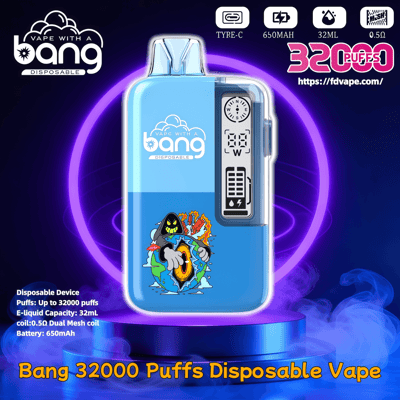 Bright blue Bang disposable vape device with a side digital display and cartoon graphic shown on a purple neon-ring pedestal, promotional text indicating 32000 puffs, Type-C charging, 32mL e-liquid capacity and 650mAh battery.