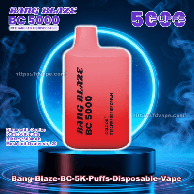 Red Bang Blaze BC 5000 disposable vape device centered on a glowing blue circular pedestal with smoky background, showing BC 5000 branding, a '5,000 puffs' badge, small product specs and a website watermark.