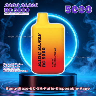Yellow-to-red gradient disposable vape device labeled 'Bang Blaze BC 5000' and 'Strawberry Banana' centered on a glowing blue circular neon ring above a black pedestal, surrounded by stylized smoke with text indicating '5000 puffs' and a website watermark.