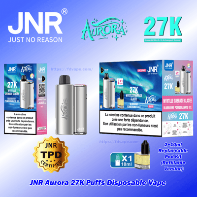 Graphique promotionnel pour la vape jetable JNR Aurora 27K Puffs montrant les logos JNR et Aurora, une grande étiquette 27K, deux appareils de vape argentés et un emballage en boîte étiqueté Blueberry Pomegranate Ice avec un avertissement de nicotine français, un badge certifié TPD et des légendes pour 2 dosettes remplaçables de 10 ml sur un fond dégradé bleu.