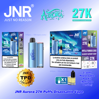 Présentation du produit montrant l'emballage de vape jetable JNR Aurora 27K Puffs et un appareil de vape métallique bleu clair avec le logo Aurora, une bouteille à dosettes rechargeable de 10 ml, un badge certifié TPD, un grand texte de nombre de bouffées de 27 000 bouffées et un avertissement de nicotine en français sur fond dégradé bleu.