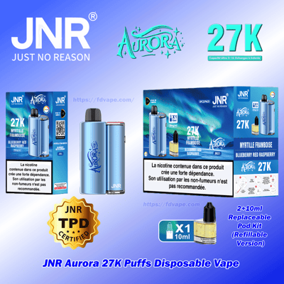 Image du produit sur le thème bleu pour la vape jetable JNR Aurora 27K Puffs montrant un appareil de vape bleu métallisé, une bouteille à dosettes rechargeable de 10 ml, des boîtes de vente au détail avec de grands logos 27K et Aurora et JNR, un arôme étiqueté Myrtille Framboise / Blueberry Red Raspberry, un badge certifié TPD et un avertissement de nicotine en français.