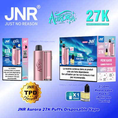 Vape jetable rose JNR Aurora et plusieurs boîtes de produits affichées avec une grande marque de 27 000 bouffées, un texte d'arôme ' Pêche Glacée / Summer Peach Ice ', un sceau certifié TPD, une icône pour un kit de dosettes rechargeables remplaçables de 2 + 10 ml et des étiquettes d'avertissement de nicotine françaises visibles.