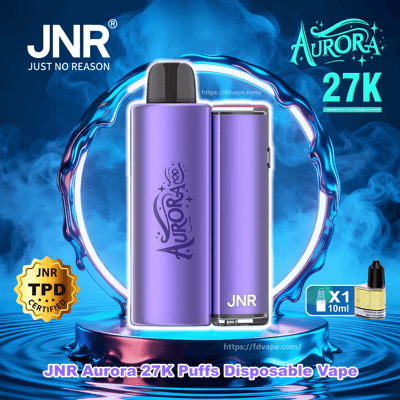 Deux appareils de vape jetables JNR Aurora violet métallisé, l'un affichant le logo ' Aurora ' et l'autre marqué ' JNR ', posés sur un socle brillant à l'intérieur d'un anneau circulaire bleu fumé, avec les marques ' JNR Just No Reason ' et ' Aurora 27K ', un badge certifié JNR TPD et une petite icône d'e-liquide de 10 ml.