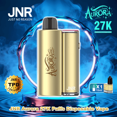 Deux appareils de vape jetables JNR Aurora dorés, l'un affichant le logo Aurora et l'autre la marque JNR, posés sur une surface bleue réfléchissante avec de la fumée bleue tourbillonnante, une légende de bouffée ' 27K ' bien visible, une petite icône de bouteille d'e-liquide de 10 ml et un badge certifié JNR TPD.
