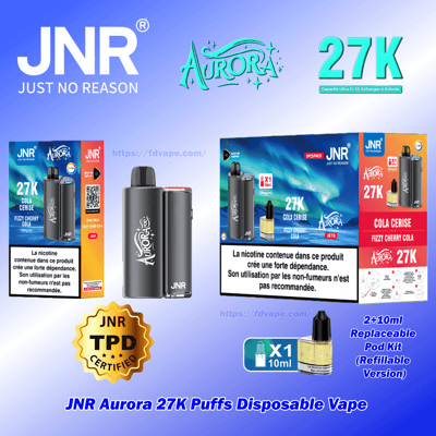 Image promotionnelle pour la vape jetable JNR Aurora 27K bouffées montrant les logos JNR et Aurora, un grand texte ' 27K ', un appareil de vape noir avec une bouteille à dosettes rechargeable, deux boîtes de produits, un badge certifié TPD doré et un texte d'avertissement de nicotine en français sur fond dégradé bleu.