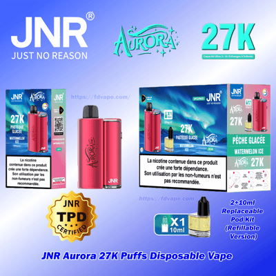 Photo du produit montrant une vape jetable JNR Aurora rouge métallisé et plusieurs boîtes avec une grande marque de bouffées ' 27K ', un emballage à saveur de glace à la pastèque et à la glace à la pêche, une bouteille à dosettes rechargeable de 10 ml et un sceau doré certifié JNR TPD.