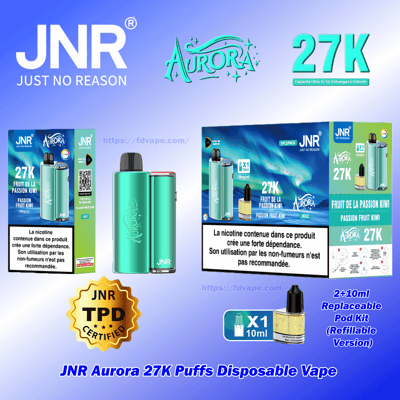 Vape jetable Sarcelle JNR Aurora et emballage assorti affichés sur un fond dégradé bleu, avec une grande marque de bouffées ' 27K ', une étiquette de saveur ' Fruit de la Passion Kiwi / Passion Fruit Kiwi ', un graphique de kit de dosettes remplaçables rechargeables de 2 + 10 ml, un avertissement sanitaire en matière de nicotine en français et un badge certifié TPD or.
