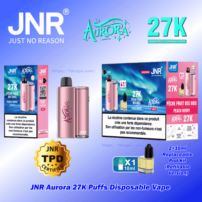 Image promotionnelle d'une vape jetable JNR Aurora rose et d'un emballage de 27 000 bouffées pêche-baie assortie, comportant les logos JNR et Aurora, une étiquette d'avertissement française concernant la nicotine, un badge certifié TPD et des icônes indiquant un kit de dosettes rechargeables remplaçables de 2 + 10 ml.