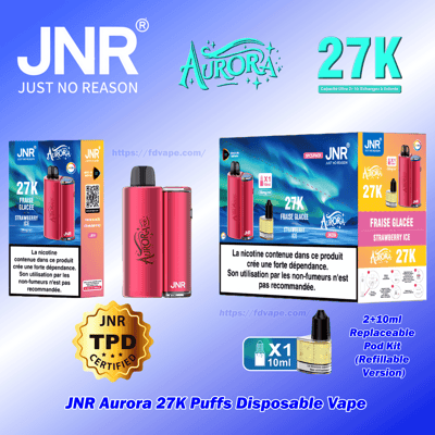 Image publicitaire pour la vape jetable JNR Aurora 27K puffs montrant un appareil rose et ses boîtes étiquetées Fraise Glacée / Strawberry Ice, un sceau certifié TPD, une illustration de dosette rechargeable de 2+10 ml et un avertissement français sur la nicotine.