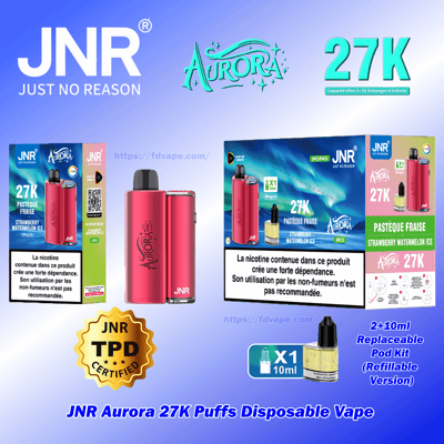 Image du produit de la vape jetable JNR Aurora 27K Puffs comprenant un appareil rouge de marque Aurora et plusieurs boîtes avec un grand texte 27K, un étiquetage de saveur fraise-pastèque-glace, un badge certifié TPD et un encart montrant un kit de dosettes rechargeables remplaçables de 2 + 10 ml.