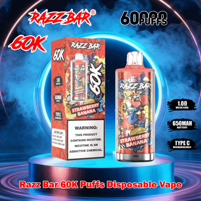 Colorful advertising image of a Razz Bar 60K disposable vape and matching Strawberry Banana box on a lit pedestal against a smoky blue background, with graffiti-style artwork, branding reading 60K/60,000 puffs, technical callouts for 1.0Ω mesh coil, 650mAh battery and Type‑C rechargeability, and a nicotine warning label.