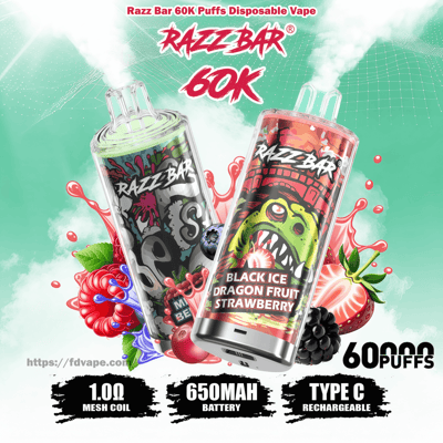 Two colorful Razz Bar 60K disposable vape devices angled amid vapor and splashing fruit illustrations, one labeled “Black Ice Dragon Fruit Strawberry,” surrounded by raspberries, strawberries, blackberries and blueberries and promotional text listing 60,000 puffs, 1.0Ω mesh coil, 650mAh battery and Type-C rechargeable.