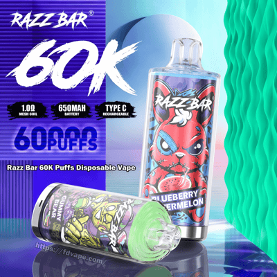 Two colorful Razz Bar 60K disposable vapes—one upright featuring a red cartoon rabbit labeled Blueberry Watermelon and one lying on its side with green gummy graphics—set against a purple and teal geometric background with bold “60K” and “60 PUFFS” text and badges noting 1.0Ω mesh coil, 650mAh battery, and Type‑C rechargeable.