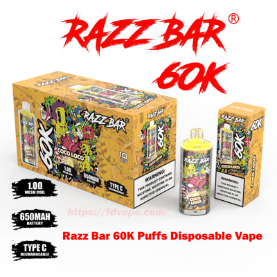 Product display of Razz Bar 60K disposable vape featuring a large red RAZZ BAR 60K logo above a colorful yellow graffiti‑patterned 10‑piece display box and a single Coco Loco vape and retail box, with labels calling out 1.0Ω mesh coil, 650mAh battery, Type‑C rechargeable and a nicotine warning.