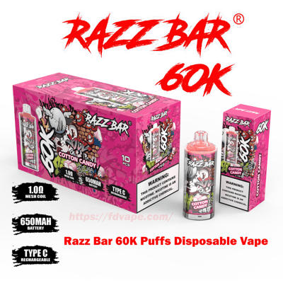 Bright pink Razz Bar retail box and matching single-device packaging showing a cotton candy–flavored 60K puffs disposable vape with graffiti-style artwork, prominent red “Razz Bar 60K” text, a clear disposable device, and callouts for 1.0Ω mesh coil, 650 mAh battery, Type‑C rechargeable port and a nicotine-warning label.