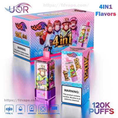 Farbenfrohe Produktaufnahme eines rosa-lila Einweg-Vape-Geräts und passender Schachteln mit Cartoon-Affen, fettem '4 in 1'- und '120K PUFFS'-Text, Geschmacksetiketten und technischen Symbolen sowie einem sichtbaren Nikotin-Warnschild.