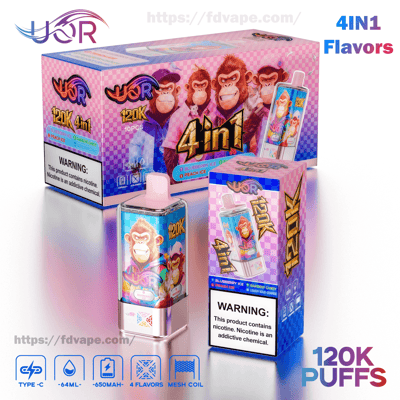 Hellrosa und violett karierte Verkaufsverpackung und passendes Einweg-Vape-Gerät mit der Marke UOR 120K 4-in-1, mit Cartoon-Charakter-Motiv, auffälligem Text '4in1' und '120K Puffs', Geschmacksangaben, einem Nikotin-Warnschild und Symbolen für das Aufladen vom Typ C, 64 ml Fassungsvermögen, 650-mAh-Akku, vier Geschmacksrichtungen und Mesh-Spule.