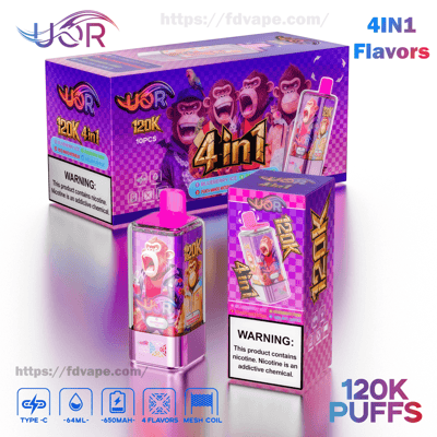 Lilafarbene Produktpräsentation eines 4-in-1-Einweg-Vape-Sets mit einem Gerät mit rosa Deckel und zwei Schachteln mit der Aufschrift „120K Puffs“ mit farbenfrohen Cartoon-Affenillustrationen, Geschmacksangaben, einem Nikotin-Warnschild und Symbolen für Typ-C-Aufladung, 64-ml-Kapazität, 650-mAh-Akku und Mesh-Spule.