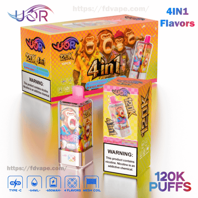 Farbenfrohe Einweg-Vape-Verpackung mit UOR-Logo und ein Gerät mit rosa Deckel und Cartoon-Gorilla-Motiv, beschriftet mit 4-in-1- und 120K-Zügen, mit sichtbarer Nikotinwarnung und Symbolen für Typ C, 64 ml, 650 mAh, 4 Geschmacksrichtungen und Mesh-Spule.