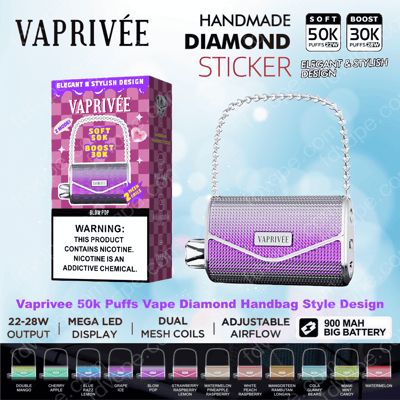 Handbag-shaped VAPRIVÉE diamond-pattern purple-gradient vape device with a silver chain handle displayed next to its matching purple retail box showing "Soft 50K Boost 30K" puff counts and a nicotine warning label.