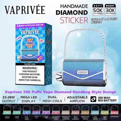 Handbag-style metallic blue Vaprivée disposable vape with diamond-studded sticker and chain handle shown beside its Blue Razz Lemon box labeled 50K/30K puffs, 900 mAh battery and a nicotine warning.