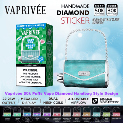 Vaprivée handbag-style diamond-textured turquoise vape with a silver chain handle shown next to green packaging labeled Soft 50K/Boost 30K, a nicotine warning, 900 mAh battery icon, and a row of flavor color swatches.