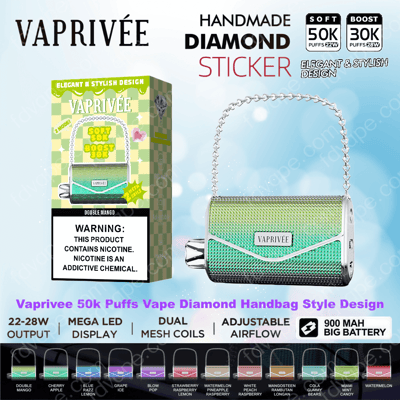 Handbag-shaped Vaprivée disposable vape with green diamond-textured sticker and a silver chain handle shown next to its boxed packaging featuring a nicotine warning, '50K puffs' label and icons for 22–28W output, dual mesh coils, adjustable airflow and a 900 mAh battery.