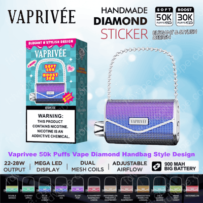 VAPRIVEE handbag-style disposable vape with a glittering purple-blue diamond-textured body and silver chain handle shown next to its retail box featuring '50K/30K puffs' badges, a nicotine warning label, battery and feature icons (900 mAh, dual mesh coils, adjustable airflow), and a row of flavor swatches along the bottom.
