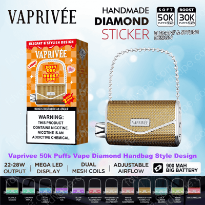 Gold textured Vaprivée handbag-style disposable vape with a silver chain handle displayed next to an orange product box labeled 50K/30K puffs and a nicotine warning, with a row of small colored flavor swatches along the bottom.