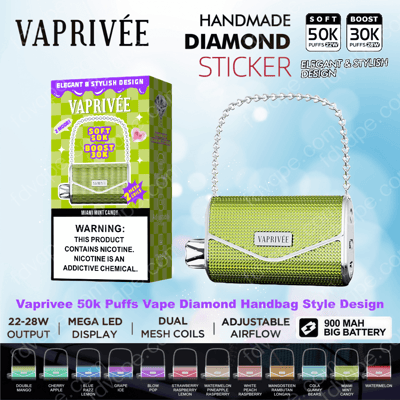 Green Vaprivée handbag-style vape device with diamond-textured finish and chain handle shown next to a matching product box labeled Soft 50K Boost 30K, with flavor swatches and specs like 50K puffs, 900 mAh battery and a nicotine warning.