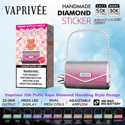 Advertisement for VAPRIVÉE showing a pink rhinestone-covered handbag-style vape with a chain strap next to its boxed packaging (nicotine warning visible) on a soft blue background, with text and icons highlighting features like 50K/30K puffs, 22–28W output, mega LED display, dual mesh coils, adjustable airflow and 900 mAh battery, plus a row of flavor/color swatches along the bottom.