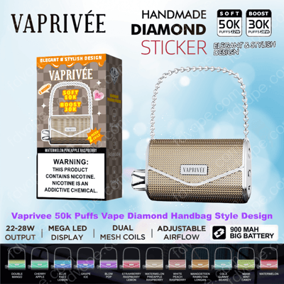 Gold diamond-pattern handbag-style Vaprivée vape device with a chain handle shown next to its retail box branded VAPRIVÉE, with labels advertising 'Soft 50K / Boost 30K puffs', feature badges (900 mAh battery, adjustable airflow, dual mesh coils), flavor icons, and a nicotine warning panel.