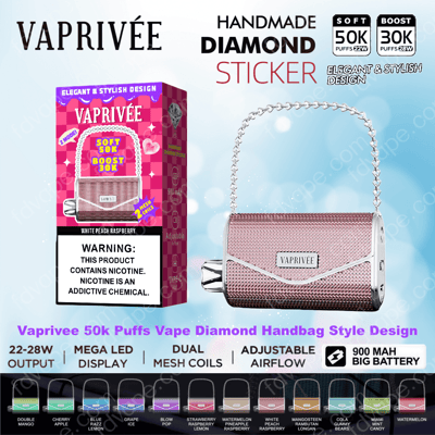 Pink metallic Vaprivée diamond-style handheld vape shaped like a small handbag with a chain handle shown next to its pink retail box advertising Soft 50K / Boost 30K puffs and White Peach Raspberry flavor, including a nicotine warning label and feature icons for 22–28W output, mega LED display, dual mesh coils, adjustable airflow and a 900 mAh battery, with a row of small color/flavor swatches along the bottom.