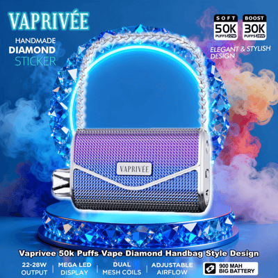 Handbag-shaped purple-blue gradient vape device labeled VAPRIVÉE with a diamond-studded chain handle, displayed on a glowing crystal pedestal amid colored vapor and promotional puff-count badges.