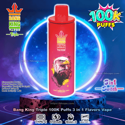 Vape usa e getta Bang King Triple cilindrico rosso con l'illustrazione di un'aquila, mostrata al centro di uno sfondo circolare blu brillante con un badge '100K sbuffi', etichetta 'Switch 3 in 1' e piccole icone delle specifiche per Type-C, batteria da 650 mAh e e-liquid da 18 ml×3.