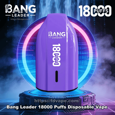 Purple Bang Leader disposable vape device marked 18000 puffs centered on a glowing neon circular platform with blue digital graphics and smoky background, with brand logos visible.