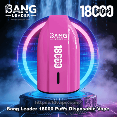 Glossy magenta Bang Leader disposable vape device labeled "18000 puffs" centered on a futuristic pedestal with a glowing blue neon ring, digital-code background and drifting vapor.