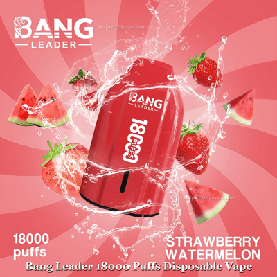 Red Bang Leader disposable vape device marked 18000 puffs, surrounded by splashing water, strawberries and watermelon slices on a red wavy background with the flavor label Strawberry Watermelon.