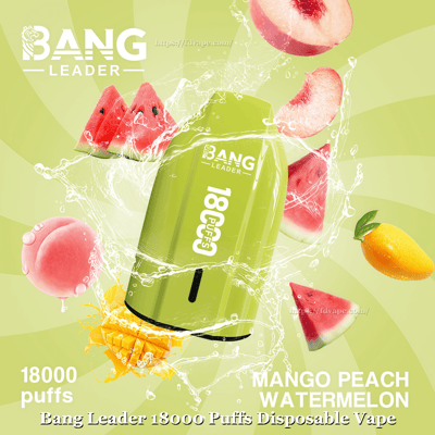 Green Bang Leader disposable vape labeled “18000 puffs” surrounded by splashing water and floating mango, peach and watermelon slices on a light green background with flavor and product text.
