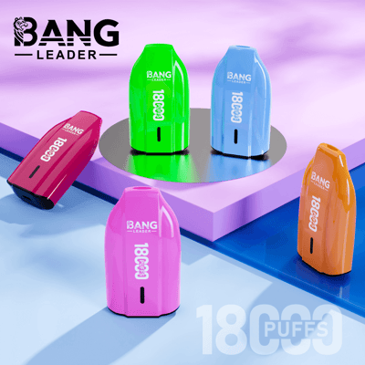 Five brightly colored Bang Leader disposable vape devices (green, blue, pink, red and orange) with visible brand name and '1800 puffs' markings arranged upright and on their sides across pastel geometric platforms and a reflective round pedestal, with the Bang Leader logo in the top-left and large '1800 PUFFS' text at the bottom right.